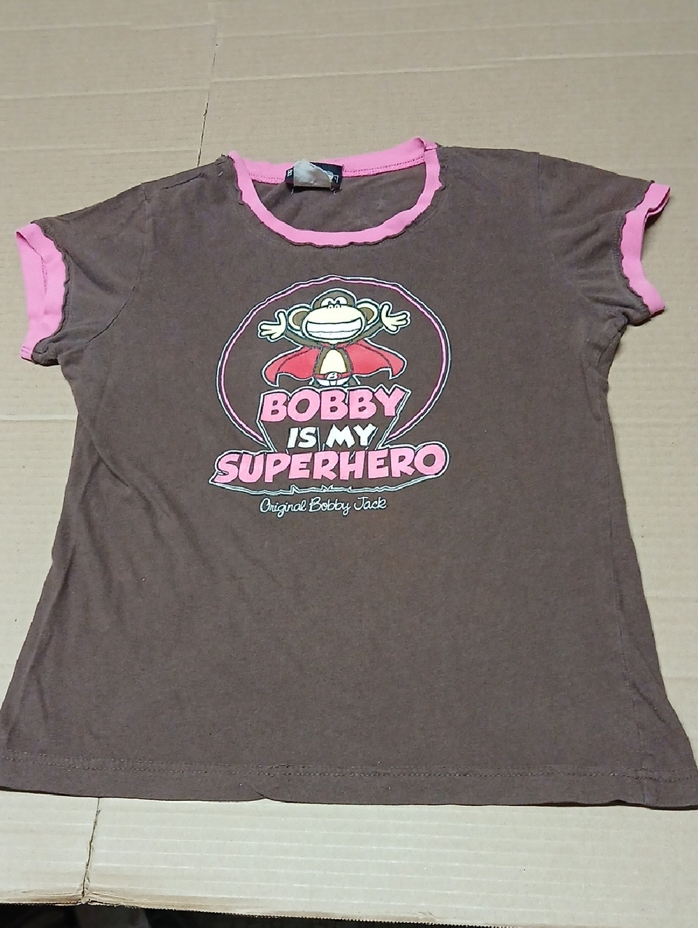 Bobby Jack Is My Superhero Brown & Pink 2-Sided Ringer Graphic Tee T-Shirt Y2K